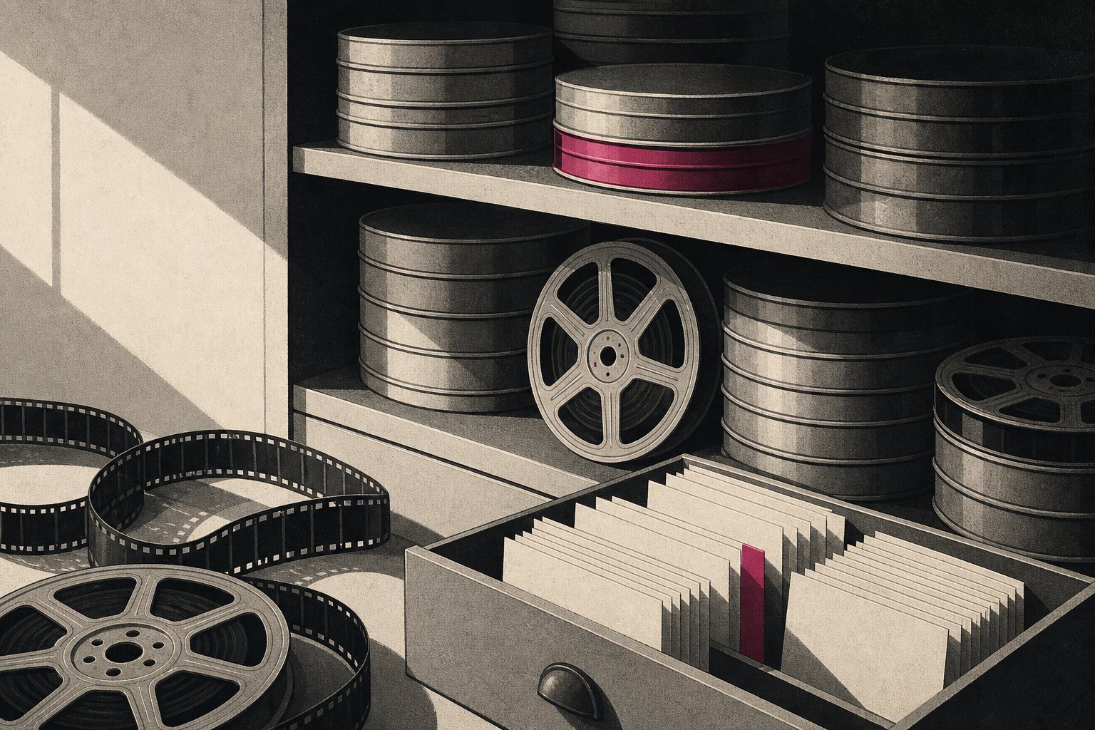 Illustration eines Filmarchivregals mit gestapelten runden Filmdosen, einigen Filmrollen und Karteikarten in einer Schublade